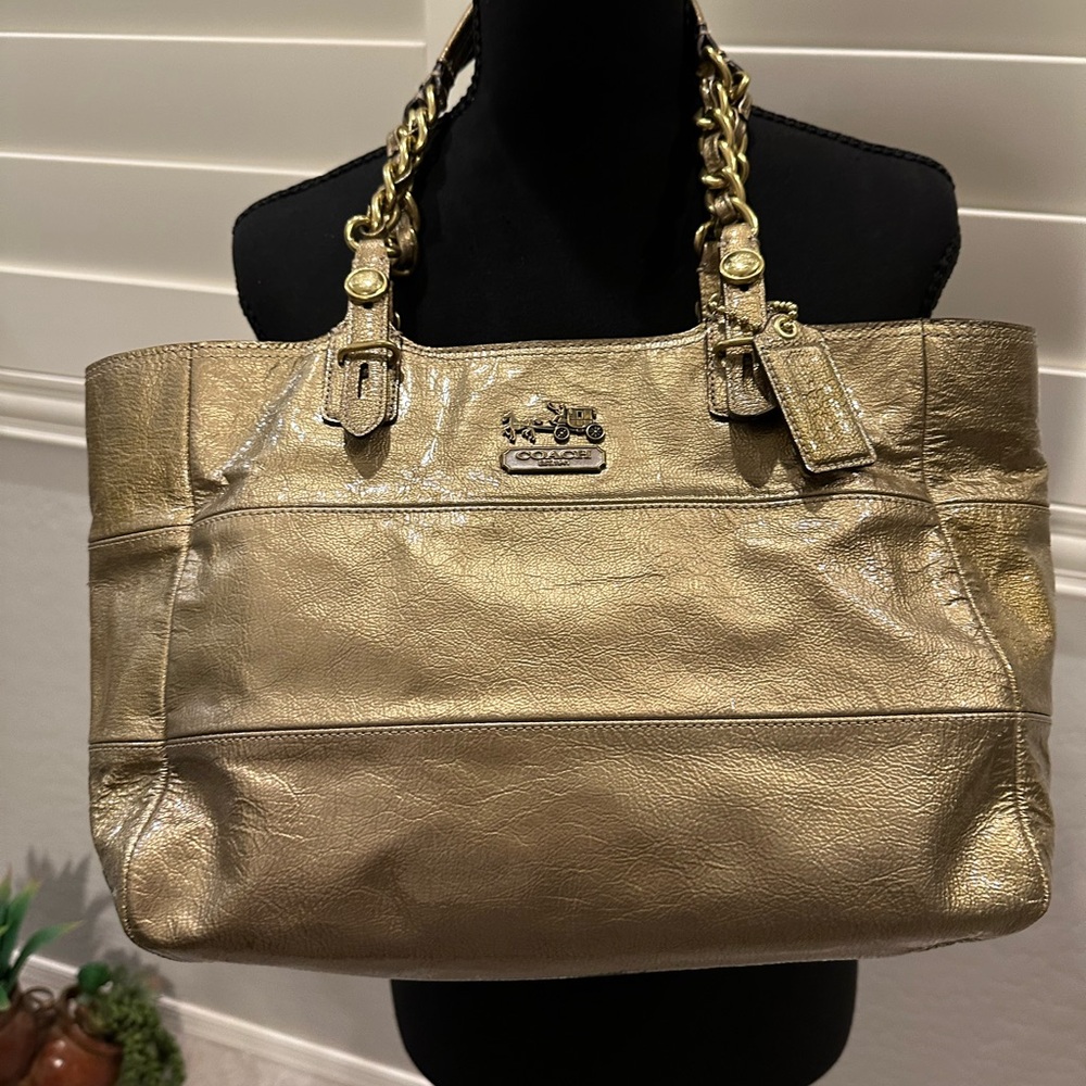 Coach Metallic Gold Leather Tote with Chain-Link Straps